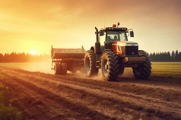Tractor on the field. Tractor on the field. Tractor at sunset.