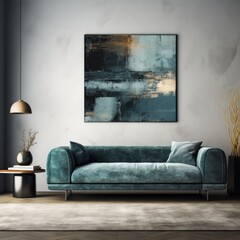 A vibrant room filled with the cozy comfort of a blue couch, surrounded by artful walls and adorned with plush pillows and cushions, creates a calming atmosphere of warmth and joy