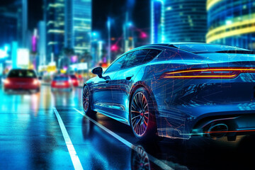 Car on the road in modern buildings city at night. 3d rendering