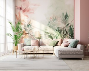 A cozy living room with an inviting sofa, vibrant furniture, and lush houseplants invites relaxation and tranquility, allowing for a perfect balance of comfort and style