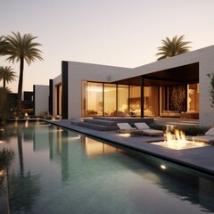 Fototapeta premium A majestic tree stretches its branches skyward, providing a tranquil backdrop for the luxurious outdoor pool, fire pit, and lounge chairs that stand in front of a beautiful house, offering a luxuriou