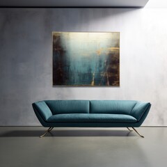A cozy blue couch sits invitingly in a room with a vibrant painting hung on the wall, its armrests beckoning you to relax and appreciate the artful atmosphere