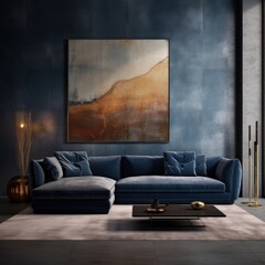 A vibrant blue loveseat sits in a room filled with eclectic furniture and colorful artwork, evoking a sense of comfort and creative inspiration