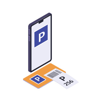Isometric parking set of isolated icons with cash register booth asphalt laying and cars with text vector illustration