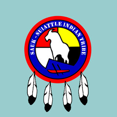 Circle badge Indian flag Sauk Suiattle tribe vector illustration isolated on background. Symbol of native people in America. Button Sauk Suiattle roundel emblem. Reservation banner in United States. 
