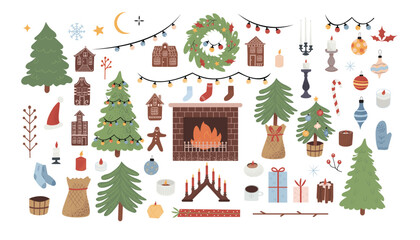 Big set with Christmas holiday elements. Winter celebtaional illustrations, isolated hand drawn vector  in flat style