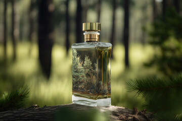 Obraz na płótnie Canvas Perfume bottle on the background of the forest. Summer fragrance