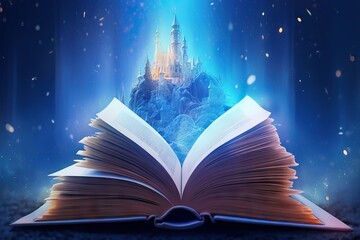 abstract background Night open knowledge white book blue magical view book illustration words An Abstract power open paper reading boat magical li fantasy book a origami - obrazy, fototapety, plakaty
