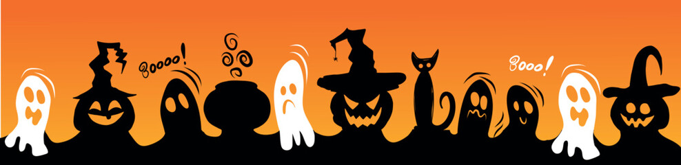 Happy Halloween banner of ghost, cat, pumpkin on orange background. Vector illustration. Halloween banner. Template for banner, poster, flyer, greeting card.