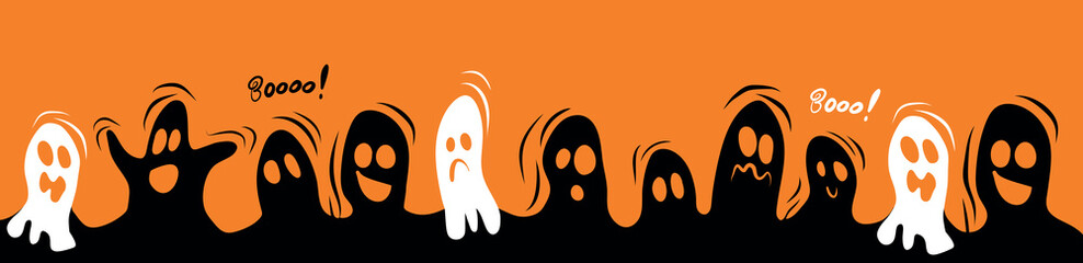 Long banner of ghost characters emoticons on orange background. Vector illustration. Halloween banner. Template for banner, poster, flyer, greeting card.