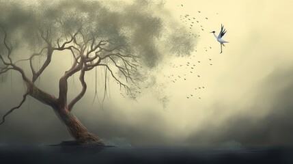 Obraz na płótnie Canvas A tree in the fog with a crane flying. For interior printing, Generative AI