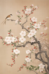 the frame is decorated with flowers and birds, in the style of handscroll, subtle color variations, dark beige and pink, high resolution, whitewashed narratives, japanese, smooth brushwork