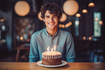 Happy young adult mexican man with birthday cake. Smiling man holding birthday cake. Generative AI