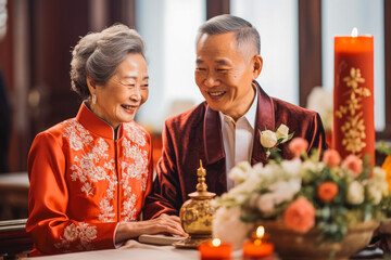 Older chinese bride and groom at altar at wedding. Happy couple excited smile for wedding, happiness and marriage. Generative AI
