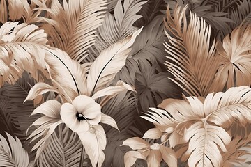 Tropical plants and leafs wallpaper design, sepia color, monochrome, jungle background, pattern design, mural art, Generative AI - obrazy, fototapety, plakaty