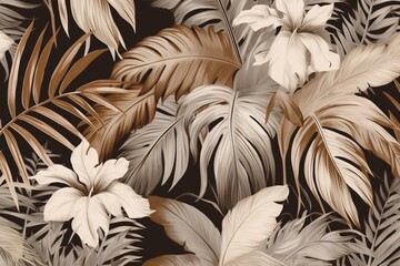 Tropical plants and leafs wallpaper design, sepia color, monochrome, jungle background, pattern design, mural art, Generative AI