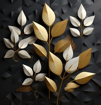 Luxury black and golden 3d interior mural floral wallpaper design. White and golden tree leaves with 3d geometric illustration background. 3d modern wall art background for living room. Generative AI