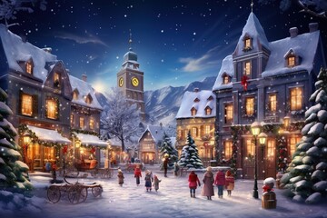 A snowy village square illuminated by lanterns, with children building a snowman under a tall Christmas tree