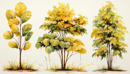 Fototapeta na wymiar Abstract hand drawn tropical plants landscape art background. Green, gold, hand drawn art, modern art.