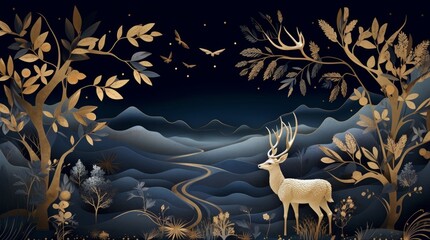 Dark blue mural wallpaper from the contemporary era Christmas tree, mountain, deer, birds, and waves of gold on a dark blue backdrop. Generative AI