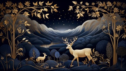 Dark blue mural wallpaper from the contemporary era Christmas tree, mountain, deer, birds, and waves of gold on a dark blue backdrop. Generative AI