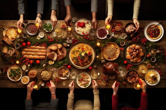 An Aerial View Of A Christmas Dinner Table, Richly Decorated With Gold And Red, With An Array Of Festive Dishes, And Hands Reaching Out To Share