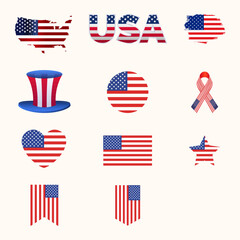 USA flags. set of various forms of US flags. American flag collection.