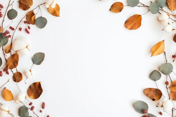 autumn Flat branches leaf fall fall dried copy made cotton view flowers Autumn Autumn concept white composition top background back leaves eucalyptus Frame lay white