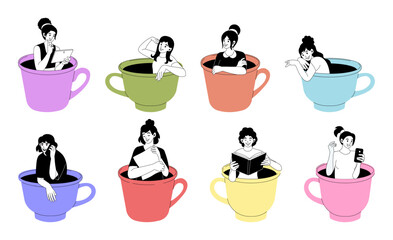 People in coffee cup. Giant tea mug. Cute persons read books or chat by mobile. Characters sitting in various big objects. Women relaxing. Drink glasses set. Vector cartoon tidy design