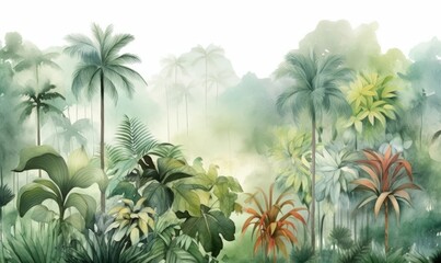 Tall tropical trees wall mural painted art, watercolor art style wallpaper background. Generative AI - obrazy, fototapety, plakaty