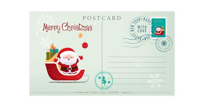 Template of an old Christmas envelope with the image of Santa.Retro style Christmas greeting card with rubber seal, stamp.Vector illustration in cartoon,retro style