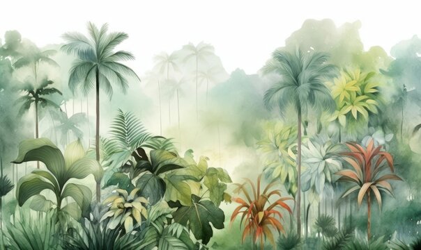 Tall tropical trees wall mural painted art, watercolor art style wallpaper background. Generative AI