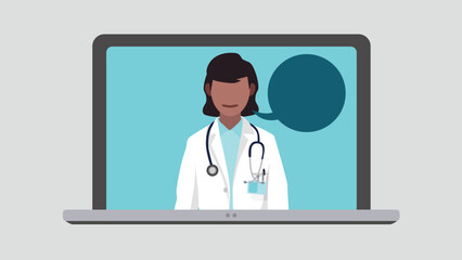 A doctor looks at us directly, she wears a stethoscope around her neck on a laptop screen