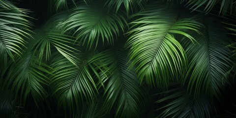 closeup of beautiful palm leaves in a wild tropical palm garden, dark green palm leaf texture concept full framed, wallpaper decoration, Generative AI