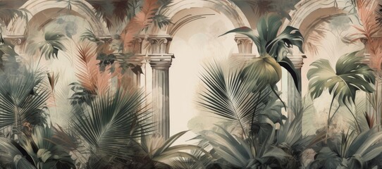 Drawn tropical, exotic plants and leaves among the columns. Floral background for mural, wallpaper, photo wallpaper, postcard, card. Loft, modern, classic, Generative AI - obrazy, fototapety, plakaty