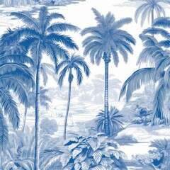 Seamless Pattern Blue and White Cobalt Tropical Jungles with Palms and Mountains, Blue Rainforest Toile Print, Tropical Engraving Illustration Wallpaper, Classic Hand Drawn Landscape, Generative AI