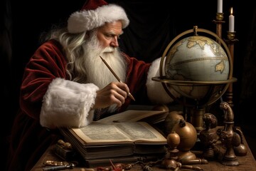 Fototapeta premium Santa Claus carefully navigating a globe, planning his gift delivery route with a feathered quill - Christmas theme