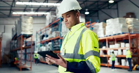 Man, tablet and logistics, ecommerce or warehouse for stock inventory management, package data and supply chain. Worker typing on digital tech for industry boxes, distribution and shipping services - Powered by Adobe