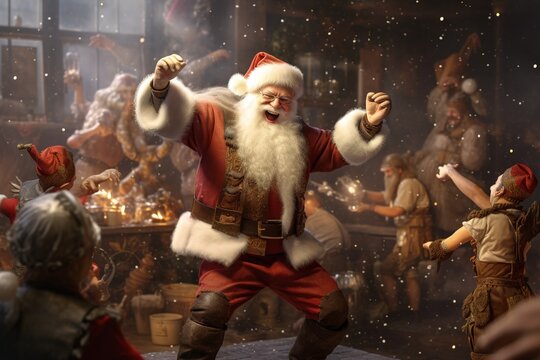 Santa Claus dancing joyfully with elves in the workshop, celebrating a job well done - Christmas theme