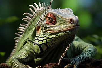 Obraz premium A green iguana sitting on a tree in a jungle lizard iguana. Generative ai