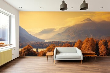 Interior of an empty room in orange tones with a panorama photo wall mural Merano (South Tyrol, Italy), Generative AI - obrazy, fototapety, plakaty