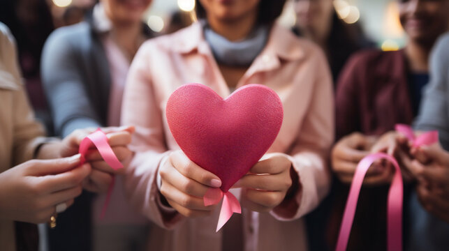 Cropped image of women holding pink heart in hands at charity event