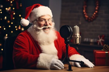 Santa Claus hosting a podcast or vlogging, with headphones on and a microphone, Christmas theme