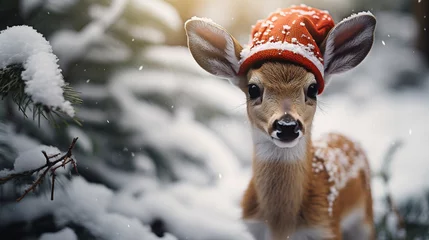 Fototapeten christmas deer wearing a santa clause hat © Zanni