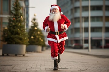 Santa Claus participating in a fun run or marathon, wearing his signature red suit, but with running shoes, promoting health, fitness and activity