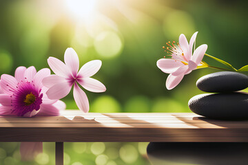Close-up view of relaxing zen garden with massage stones and lotus.