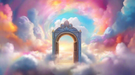 Gate to heaven with rainbow and clouds. 3d render. Fantasy landscape. - obrazy, fototapety, plakaty