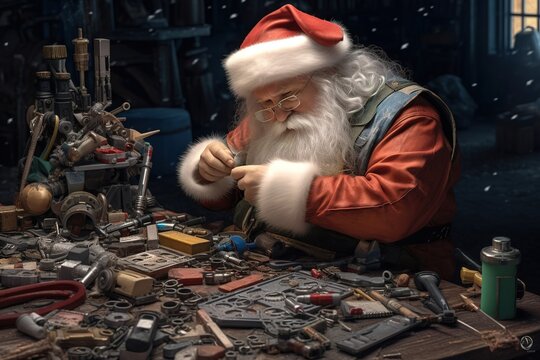 Santa Claus repairing a broken toy with concentration, surrounded by tools - Christmas theme