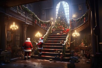 Santa Claus sneaking gifts under a brightly lit Christmas tree, with children secretly watching from the stairs