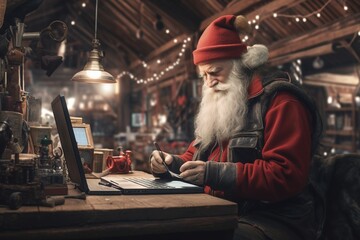 Obraz premium Santa Claus using modern technology laptop, online shopping, juxtaposed against the traditional setting of the North Pole workshop